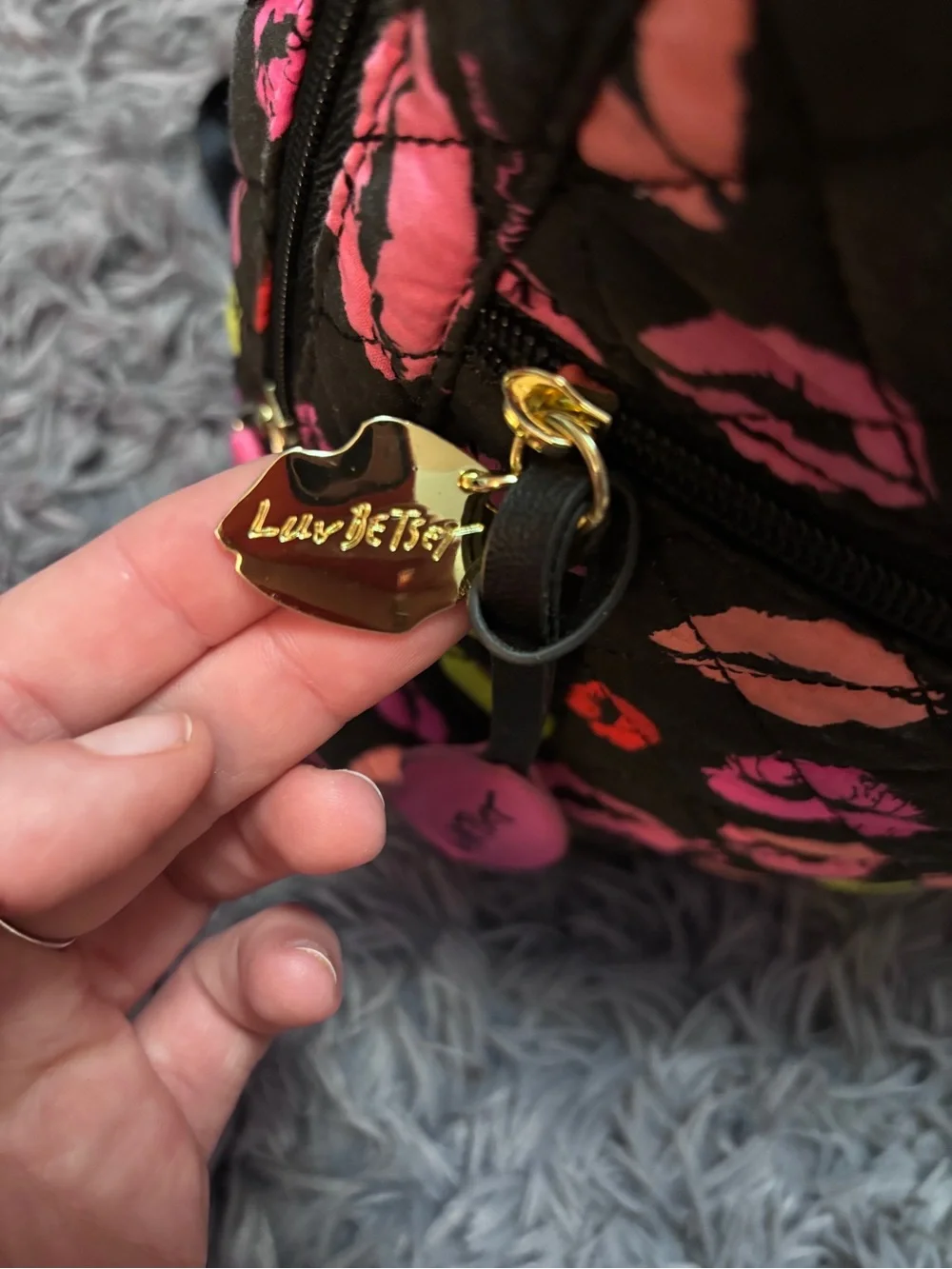 Betsey Johnson Quilted Lips Print Mini Backpack Black Pink Neon Travel Bag